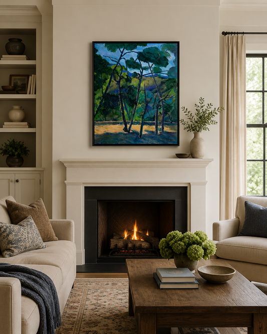 Pines In Blue Light canvas by Gwen Zhang displayed in a black floating frame in a warm contemporary living room.