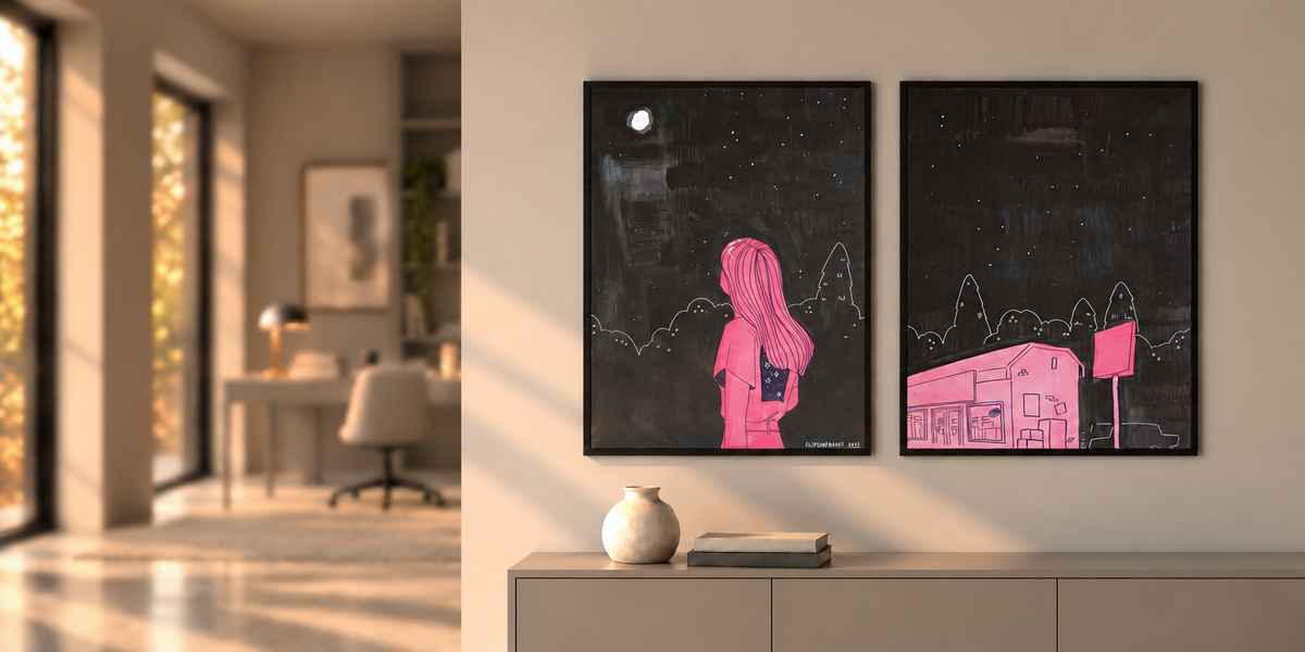 “Moon Catcher” & “Neon Sanctuary" by Florencia J Locht displayed in a contemporary living room