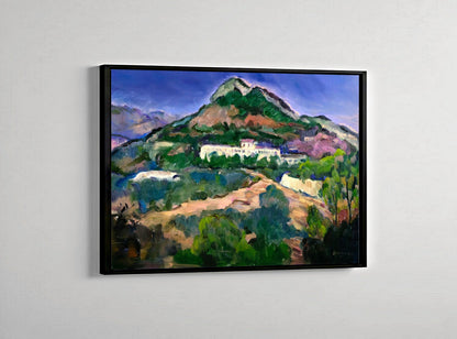 House Beneath the Mountain by Gwen Zhang displayed in a black wood frame.