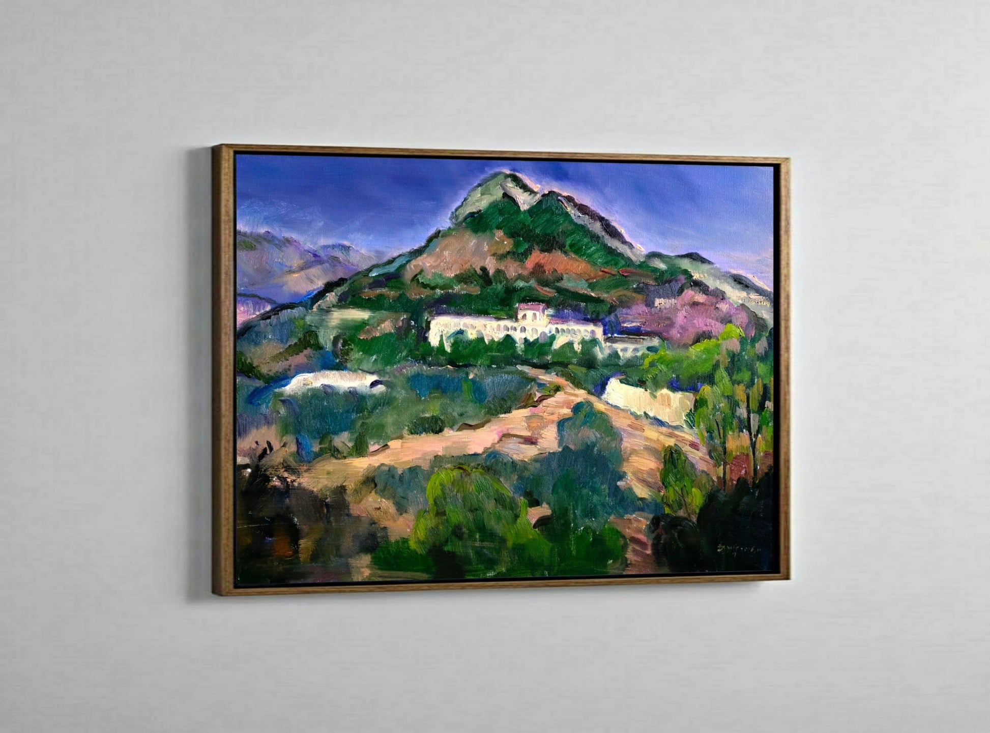 House Beneath the Mountain by Gwen Zhang displayed in a gold antique wood frame.
