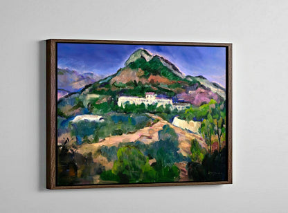 House Beneath the Mountain by Gwen Zhang displayed in a walnut wood frame.