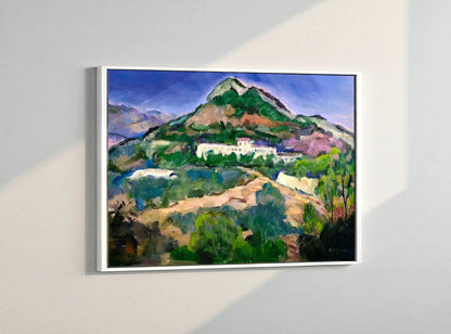 House Beneath the Mountain by Gwen Zhang displayed in a white wood frame.