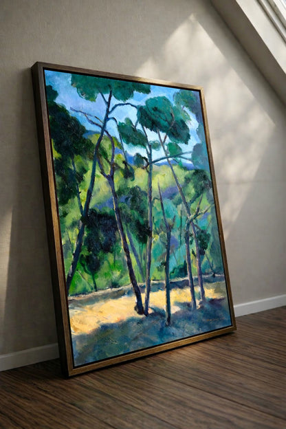 Pines In Blue Light by Gwen Zhang displayed in a gold antique wood frame.